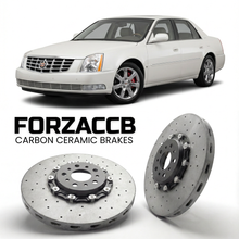 ForzaCCB direct OEM replacement carbon ceramic brake rotors for 2006 to 2011 Cadillac DTS models, shown with a white Cadillac DTS car.