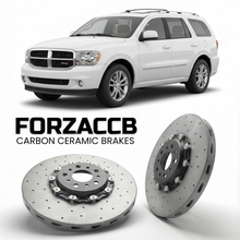 ForzaCCB direct OEM replacement carbon ceramic brake rotors for 2006-2008) Dodge Durango II (HB, facelift 2006 models, shown with a white Dodge Durango car.