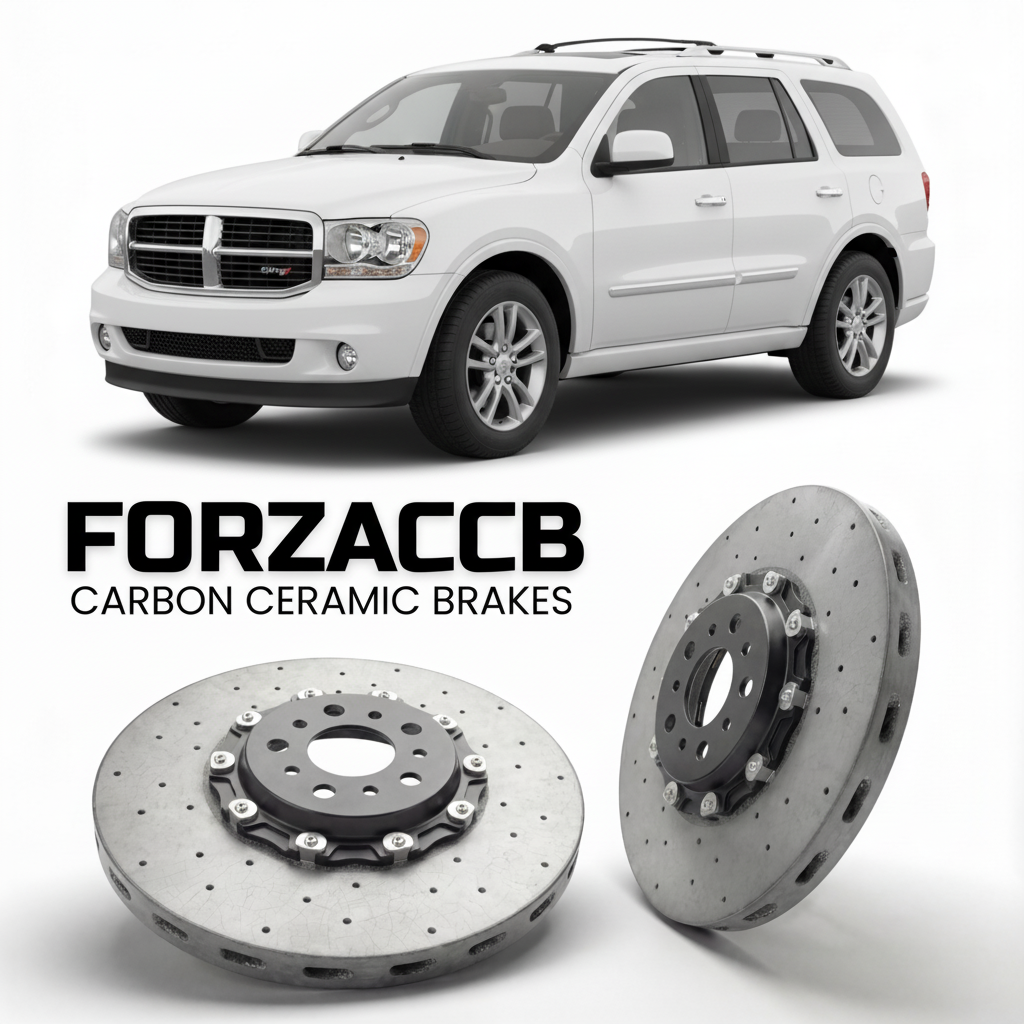 ForzaCCB direct OEM replacement carbon ceramic brake rotors for 2006-2008) Dodge Durango II (HB, facelift 2006 models, shown with a white Dodge Durango car.