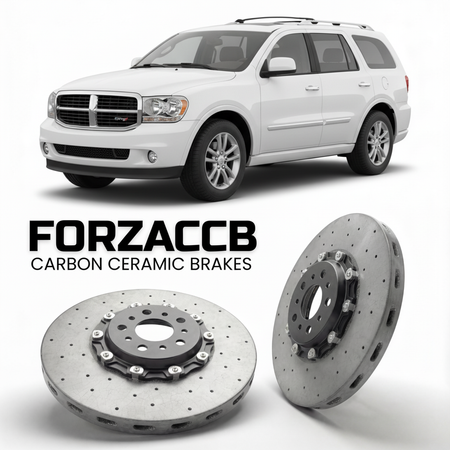 ForzaCCB direct OEM replacement carbon ceramic brake rotors for 2006-2008) Dodge Durango II (HB, facelift 2006 models, shown with a white Dodge Durango car.