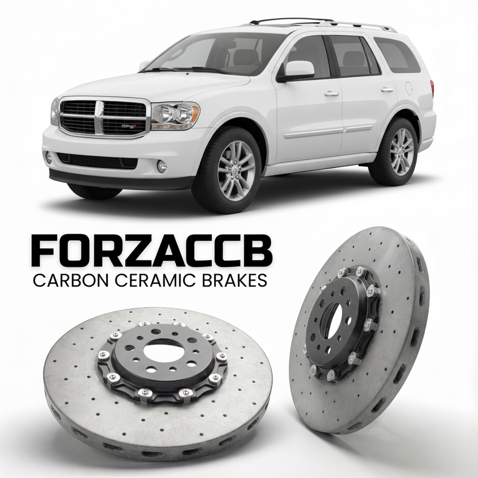 ForzaCCB direct OEM replacement carbon ceramic brake rotors for 2006-2008) Dodge Durango II (HB, facelift 2006 models, shown with a white Dodge Durango car.