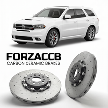 ForzaCCB direct OEM replacement carbon ceramic brake rotors for 2010-2014) Dodge Durango III (WD models, shown with a white Dodge Durango car.