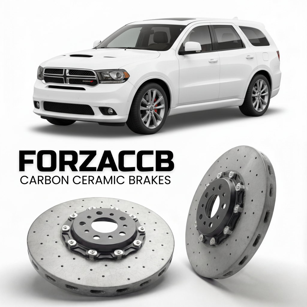 ForzaCCB direct OEM replacement carbon ceramic brake rotors for 2010-2014) Dodge Durango III (WD models, shown with a white Dodge Durango car.