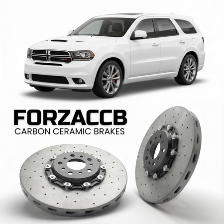 ForzaCCB direct OEM replacement carbon ceramic brake rotors for 2010-2014) Dodge Durango III (WD models, shown with a white Dodge Durango car.