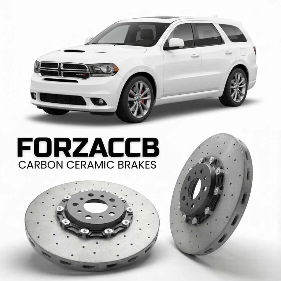 ForzaCCB direct OEM replacement carbon ceramic brake rotors for 2010-2014) Dodge Durango III (WD models, shown with a white Dodge Durango car.
