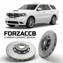 ForzaCCB direct OEM replacement carbon ceramic brake rotors for 2014-2020) Dodge Durango III (WD, facelift 2014 models, shown with a white Dodge Durango car.