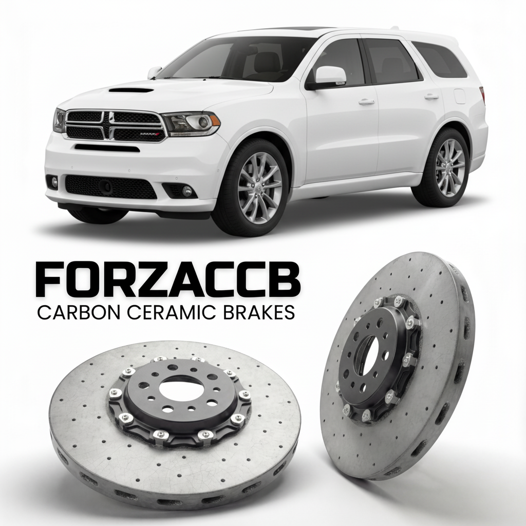 ForzaCCB direct OEM replacement carbon ceramic brake rotors for 2014-2020) Dodge Durango III (WD, facelift 2014 models, shown with a white Dodge Durango car.