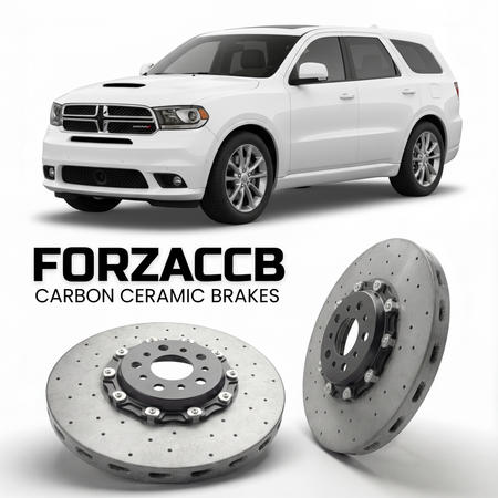 ForzaCCB direct OEM replacement carbon ceramic brake rotors for 2014-2020) Dodge Durango III (WD, facelift 2014 models, shown with a white Dodge Durango car.