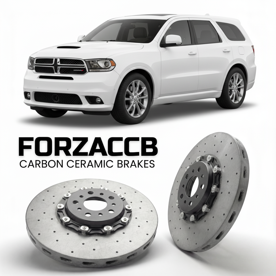 ForzaCCB direct OEM replacement carbon ceramic brake rotors for 2014-2020) Dodge Durango III (WD, facelift 2014 models, shown with a white Dodge Durango car.