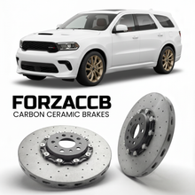 ForzaCCB direct OEM replacement carbon ceramic brake rotors for 2021+) Dodge Durango III (WD, facelift 2021 models, shown with a white Dodge Durango car.