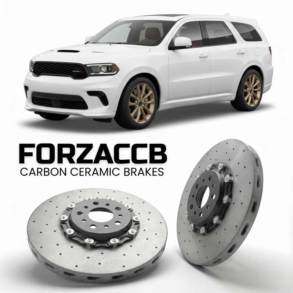 ForzaCCB direct OEM replacement carbon ceramic brake rotors for 2021+) Dodge Durango III (WD, facelift 2021 models, shown with a white Dodge Durango car.