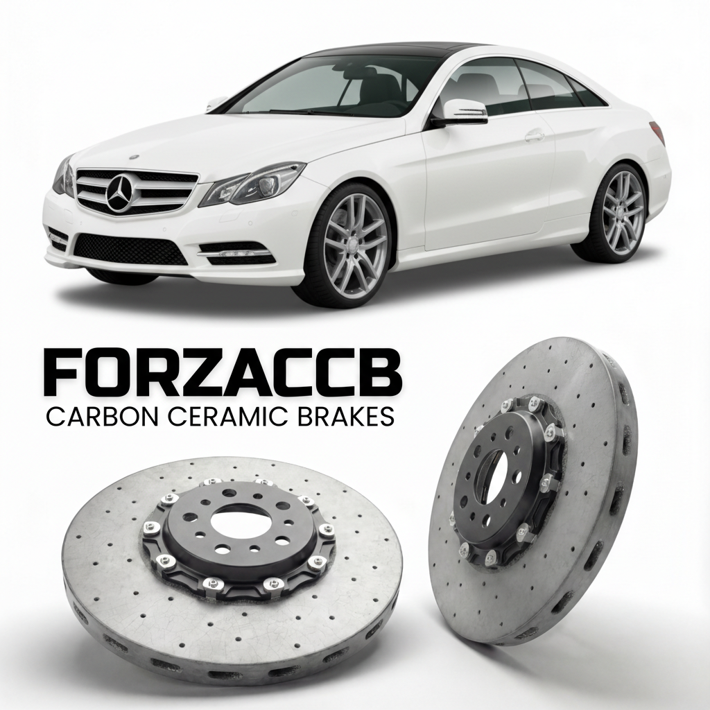 ForzaCCB direct OEM replacement carbon ceramic brake rotors for 2009 to 2017 Mercedes-Benz E 350 Coupé C207 models, shown with a white Mercedes-Benz E 350 Coupé car.