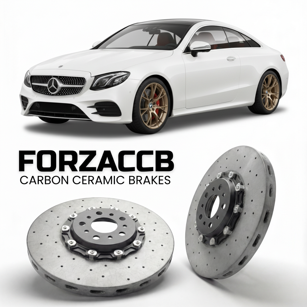 ForzaCCB direct OEM replacement carbon ceramic brake rotors for 2017 to 2023 Mercedes-Benz E 450 Coupé C238 models, shown with a white Mercedes-Benz E 450 Coupé car.