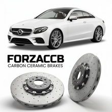 ForzaCCB direct OEM replacement carbon ceramic brake rotors for 2017 to 2023 Mercedes-Benz E 53 AMG Coupé C238 models, shown with a white Mercedes-Benz E 53 AMG Coupé car.