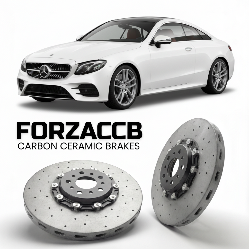 ForzaCCB direct OEM replacement carbon ceramic brake rotors for 2017 to 2023 Mercedes-Benz E 53 AMG Coupé C238 models, shown with a white Mercedes-Benz E 53 AMG Coupé car.