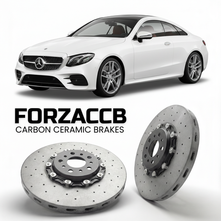 ForzaCCB direct OEM replacement carbon ceramic brake rotors for 2017 to 2023 Mercedes-Benz E 53 AMG Coupé C238 models, shown with a white Mercedes-Benz E 53 AMG Coupé car.