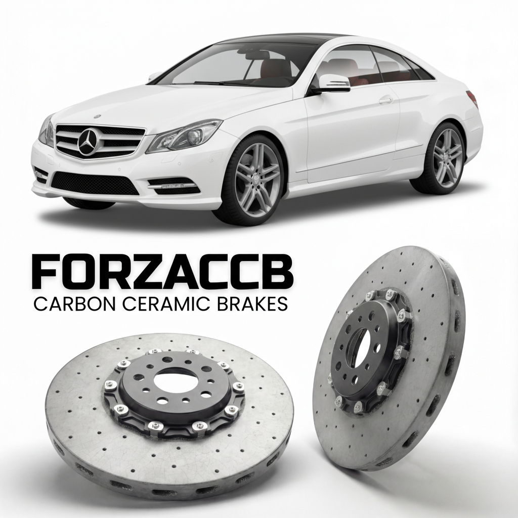 ForzaCCB direct OEM replacement carbon ceramic brake rotors for 2009 to 2017 Mercedes-Benz E 550 Coupé C207 models, shown with a white Mercedes-Benz E 550 Coupé car.
