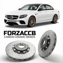 ForzaCCB direct OEM replacement carbon ceramic brake rotors for 2016 to 2023 Mercedes-Benz E 63 AMG W213 models, shown with a white Mercedes-Benz E 63 AMG car.