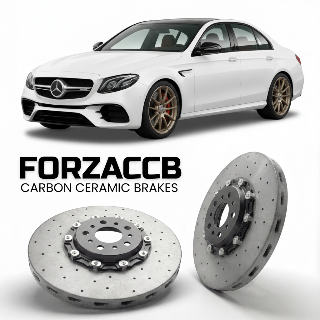 ForzaCCB direct OEM replacement carbon ceramic brake rotors for 2016 to 2023 Mercedes-Benz E 63 AMG W213 models, shown with a white Mercedes-Benz E 63 AMG car.