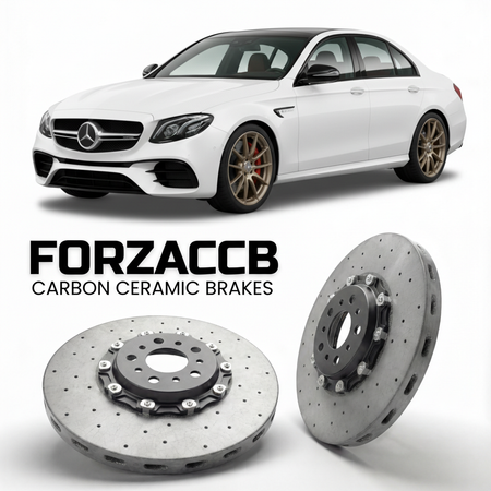ForzaCCB direct OEM replacement carbon ceramic brake rotors for 2016 to 2023 Mercedes-Benz E 63 AMG W213 models, shown with a white Mercedes-Benz E 63 AMG car.