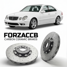 ForzaCCB direct OEM replacement carbon ceramic brake rotors for 2005 to 2009 Mercedes-Benz E-Class W211 models, shown with a white Mercedes-Benz E-Class car.