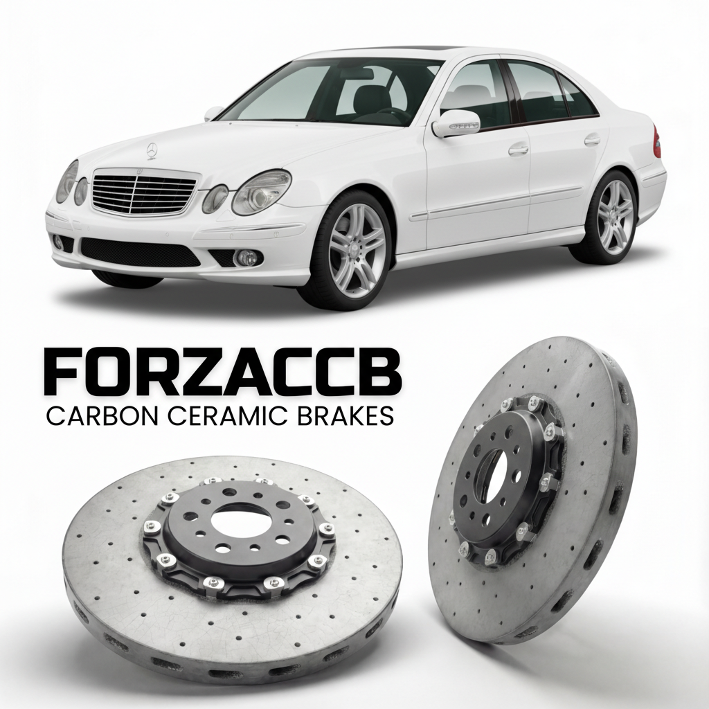 ForzaCCB direct OEM replacement carbon ceramic brake rotors for 2005 to 2009 Mercedes-Benz E-Class W211 models, shown with a white Mercedes-Benz E-Class car.