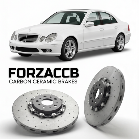 ForzaCCB direct OEM replacement carbon ceramic brake rotors for 2005 to 2009 Mercedes-Benz E-Class W211 models, shown with a white Mercedes-Benz E-Class car.