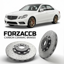 ForzaCCB direct OEM replacement carbon ceramic brake rotors for 2009 to 2016 Mercedes-Benz E-Class W212 models, shown with a white Mercedes-Benz E-Class car.
