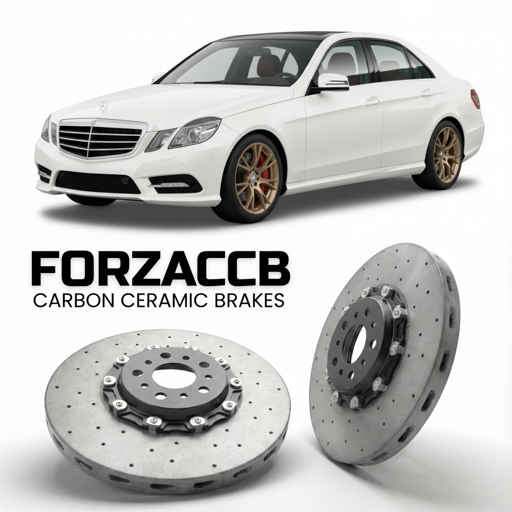 ForzaCCB direct OEM replacement carbon ceramic brake rotors for 2009 to 2016 Mercedes-Benz E-Class W212 models, shown with a white Mercedes-Benz E-Class car.