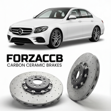 ForzaCCB direct OEM replacement carbon ceramic brake rotors for 2016 to 2023 Mercedes-Benz E-Class W213 models, shown with a white Mercedes-Benz E-Class car.