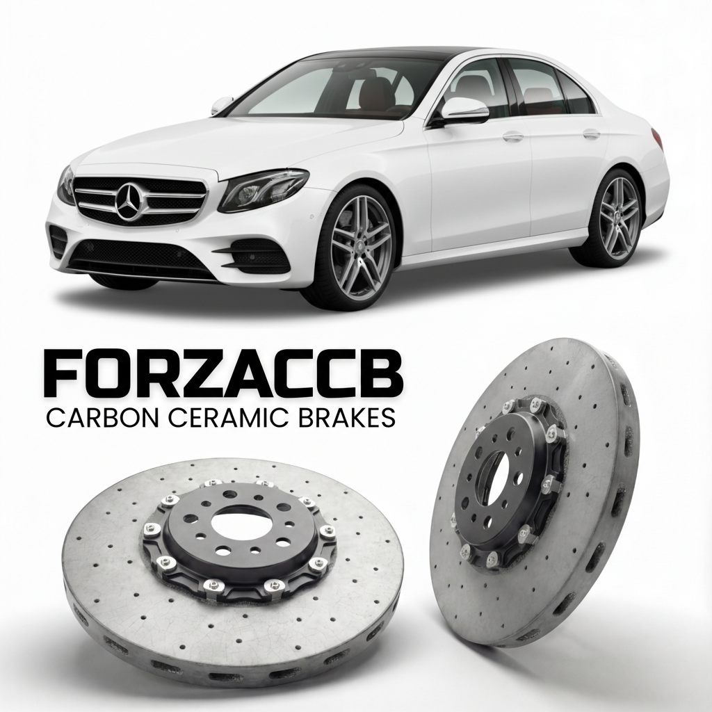 ForzaCCB direct OEM replacement carbon ceramic brake rotors for 2016 to 2023 Mercedes-Benz E-Class W213 models, shown with a white Mercedes-Benz E-Class car.