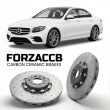 ForzaCCB direct OEM replacement carbon ceramic brake rotors for 2023- Mercedes-Benz E-Class W214 models, shown with a white Mercedes-Benz E-Class car.
