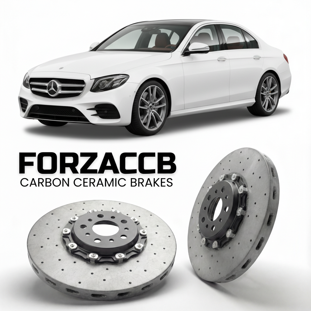 ForzaCCB direct OEM replacement carbon ceramic brake rotors for 2023- Mercedes-Benz E-Class W214 models, shown with a white Mercedes-Benz E-Class car.