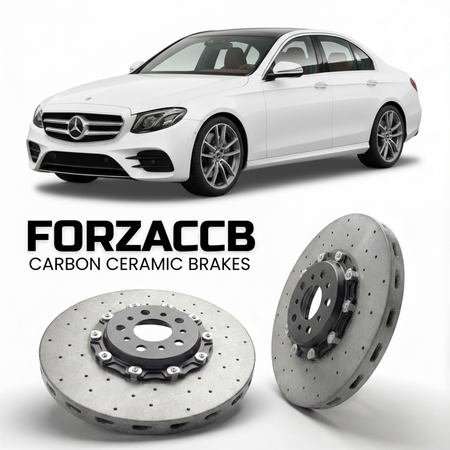 ForzaCCB direct OEM replacement carbon ceramic brake rotors for 2023- Mercedes-Benz E-Class W214 models, shown with a white Mercedes-Benz E-Class car.