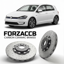 ForzaCCB direct OEM replacement carbon ceramic brake rotors for 2014 to 2020 Volkswagen e-Golf Mk7 5G models, shown with a white Volkswagen e-Golf car.