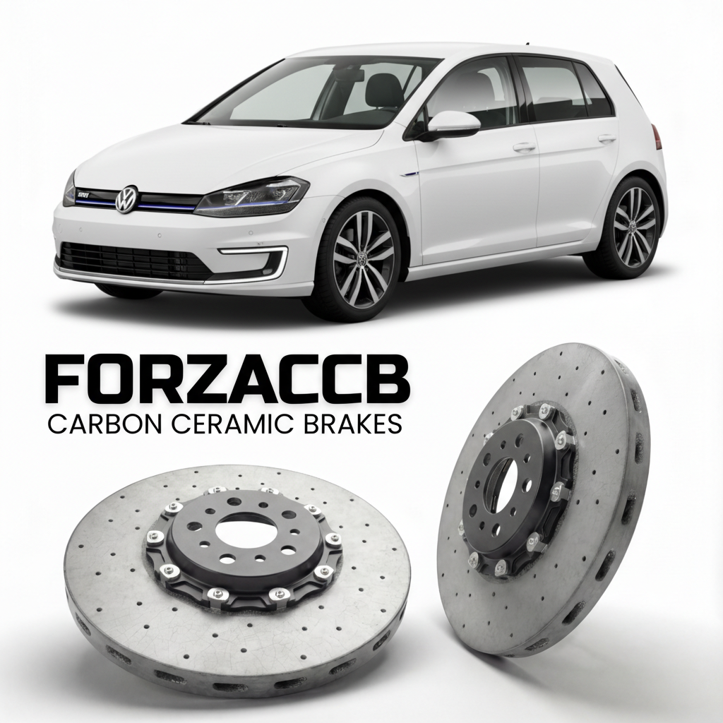 ForzaCCB direct OEM replacement carbon ceramic brake rotors for 2014 to 2020 Volkswagen e-Golf Mk7 5G models, shown with a white Volkswagen e-Golf car.