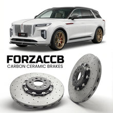 ForzaCCB direct OEM replacement carbon ceramic brake rotors for 2020 and newer Hongqi E-HS9 models, shown with a white Hongqi E-HS9 car.