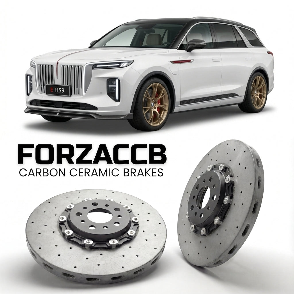 ForzaCCB direct OEM replacement carbon ceramic brake rotors for 2020 and newer Hongqi E-HS9 models, shown with a white Hongqi E-HS9 car.