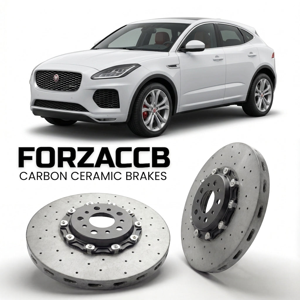 ForzaCCB direct OEM replacement carbon ceramic brake rotors for 2018 to 2020 Jaguar E-Pace models, shown with a white Jaguar E-Pace car.