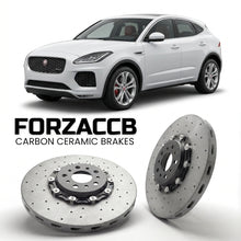 ForzaCCB direct OEM replacement carbon ceramic brake rotors for 2018 to 2020 Jaguar E-Pace models, shown with a white Jaguar E-Pace car.