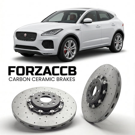 ForzaCCB direct OEM replacement carbon ceramic brake rotors for 2018 to 2020 Jaguar E-Pace models, shown with a white Jaguar E-Pace car.