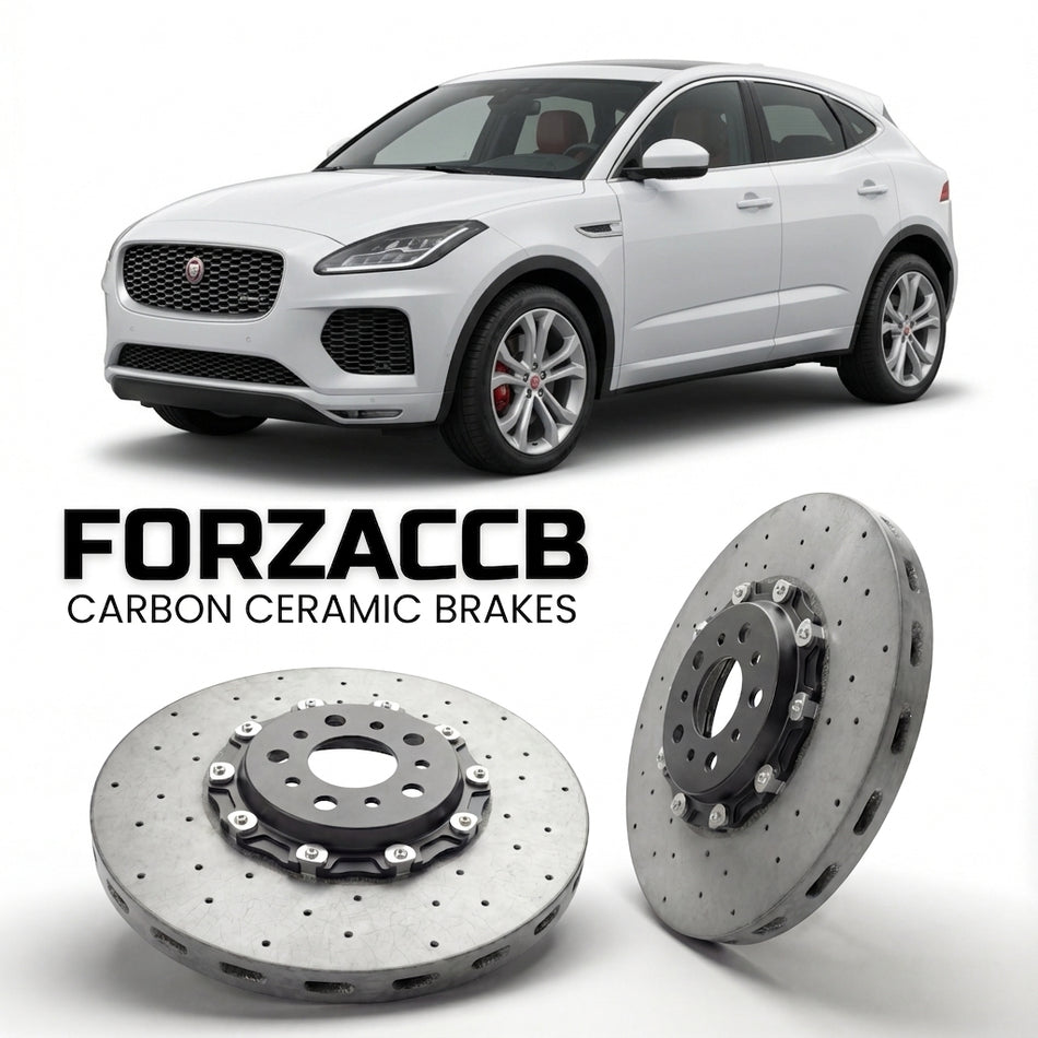 ForzaCCB direct OEM replacement carbon ceramic brake rotors for 2018 to 2020 Jaguar E-Pace models, shown with a white Jaguar E-Pace car.