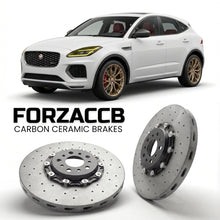 ForzaCCB direct OEM replacement carbon ceramic brake rotors for 2020 to 2024 Jaguar E-Pace facelift 2020 models, shown with a white Jaguar E-Pace car.