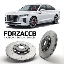ForzaCCB direct OEM replacement carbon ceramic brake rotors for 2021 to 2025 Hongqi E-QM5 models, shown with a white Hongqi E-QM5 car.