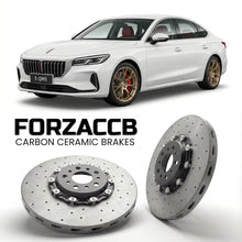 ForzaCCB direct OEM replacement carbon ceramic brake rotors for 2025 and newer Hongqi E-QM5 facelift 2025 models, shown with a white Hongqi E-QM5 car.