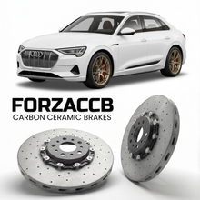 ForzaCCB direct OEM replacement carbon ceramic brake rotors for 2018 to 2022 Audi e-tron GE models, shown with a white Audi e-tron car.