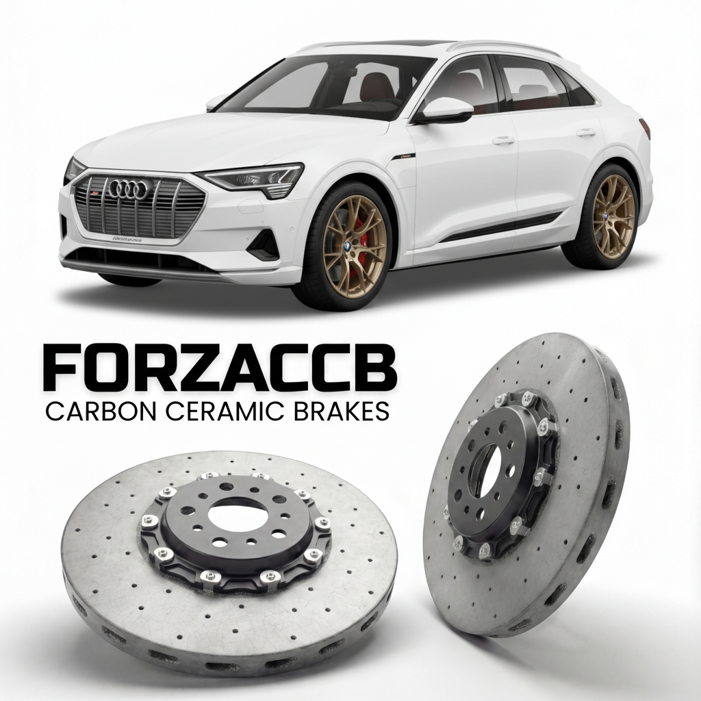 ForzaCCB direct OEM replacement carbon ceramic brake rotors for 2018 to 2022 Audi e-tron GE models, shown with a white Audi e-tron car.