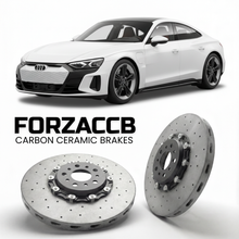 ForzaCCB direct OEM replacement carbon ceramic brake rotors for 2021 and newer Audi e-tron GT FW models, shown with a white Audi e-tron GT car.