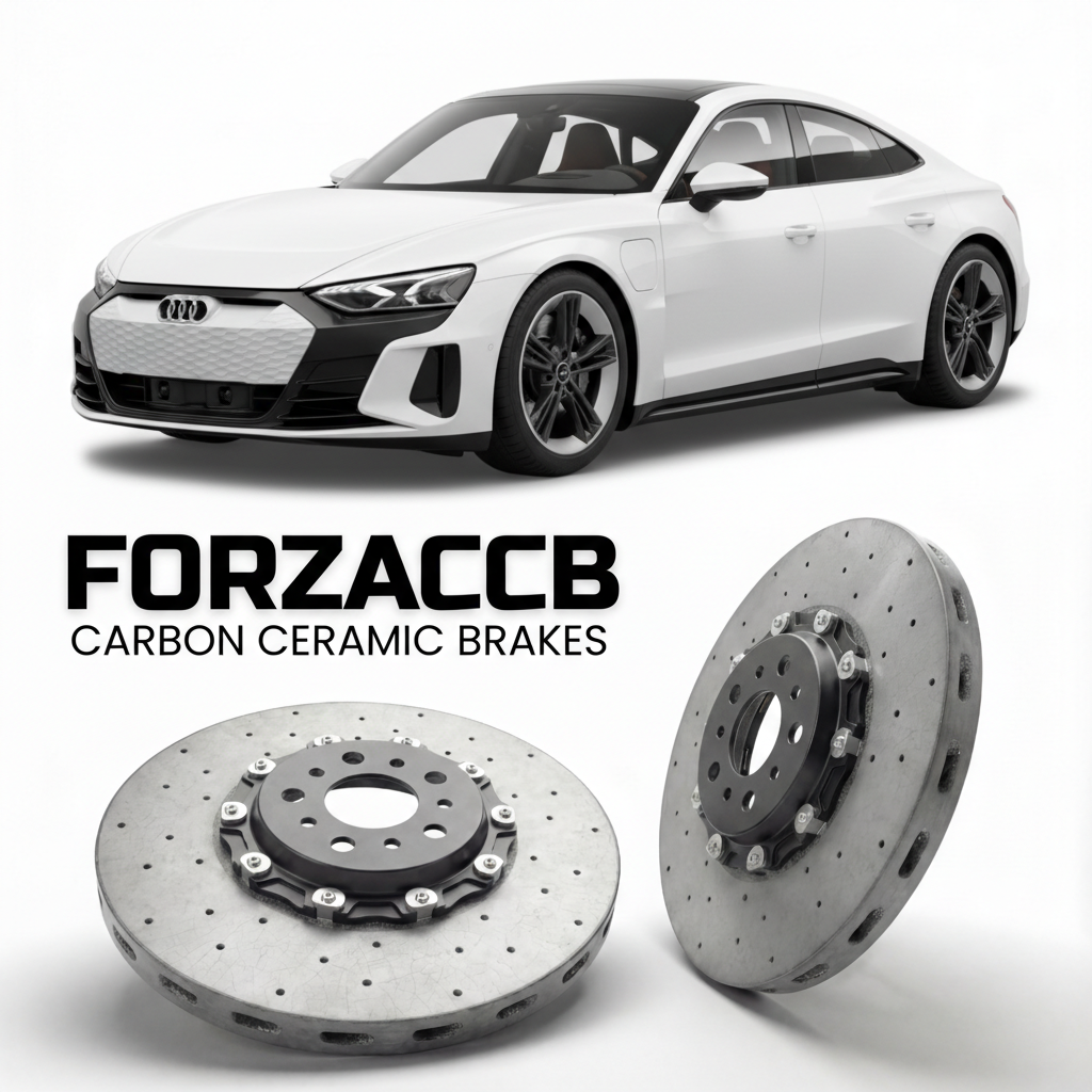 ForzaCCB direct OEM replacement carbon ceramic brake rotors for 2021 and newer Audi e-tron GT FW models, shown with a white Audi e-tron GT car.