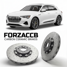 ForzaCCB direct OEM replacement carbon ceramic brake rotors for 2020 to 2022 Audi e-tron S GE models, shown with a white Audi e-tron S car.